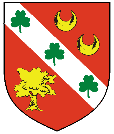 [Gules, on a bend argent between two crescents and a tree Or three shamrocks palewise vert	  ]