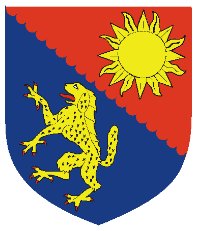 [Per bend engrailed gules and azure, a sun and a sea-dog Or]