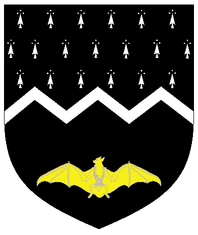 [Per fess dancetty counter-ermine and sable, a bar dancetty argent and in base a bat displayed Or	  ]