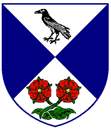 [Per saltire argent and azure, in pale a raven sable and two roses in saltire slipped and leaved proper]