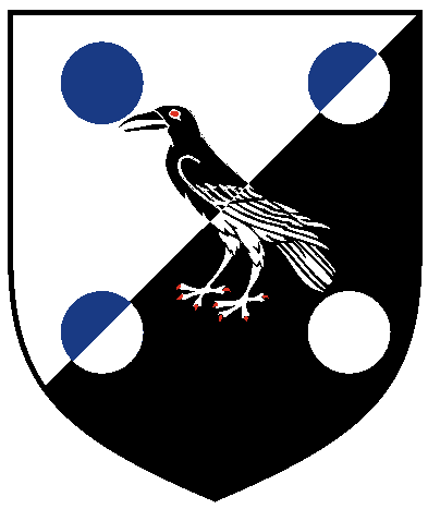 [Per bend sinister argent and sable, a raven close counterchanged between four roundels two and two counterchanged azure and argent]