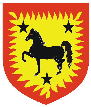 [Or, a horse passant between three mullets sable a bordure rayonny gules]