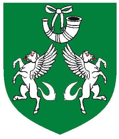 [Vert, two pegasi segreant addorsed and in chief a hunting horn argent]