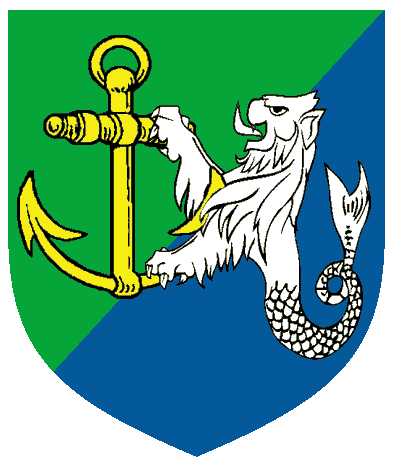 [Per bend sinister vert and azure, an anchor Or sustained by a sea-lion argent	  ]