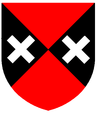[Per saltire gules and sable, in fess two saltorels couped argent]