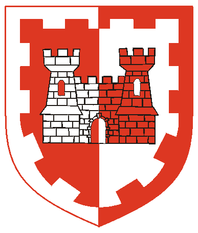 [Per pale gules and argent, a castle within a bordure embattled all counterchanged]
