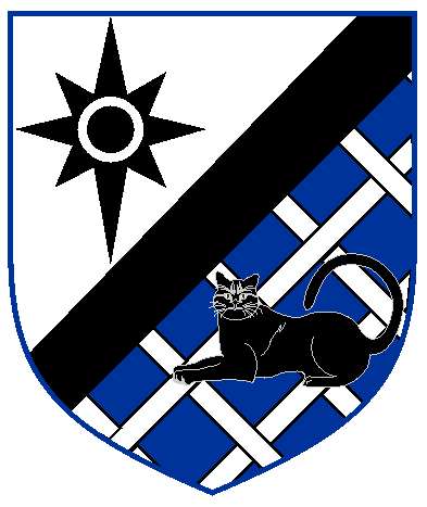 [	Per bend sinister argent and azure, fretty argent, a bend sinister between a compass star sable, charged with an annulet argent, and a cat couchant guardant sable.  ]