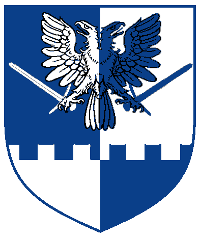 [Per pale azure and argent, a double-headed eagle displayed maintaining two swords and a base embattled all counterchanged	  	  ]