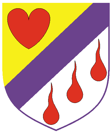 [Per bend sinister Or and argent, a bend sinister purpure between a heart and three gouttes gules.	  ]