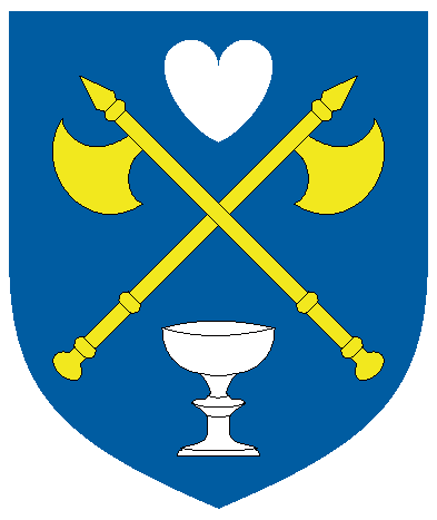 [	  Azure, two battleaxes in saltire Or between in pale a heart and a cup argent. ]