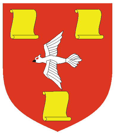 [Gules, a dove volant argent between three open scrolls Or]