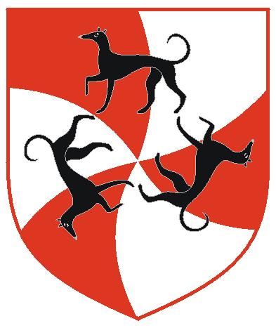 [Gyronny of six arrondy gules and argent, three greyhounds passant in annulo sable]