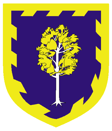 [Azure, an aspen tree eradicated argent, leaved, within a bordure raguly Or]