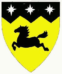 [Or, a horse courant and on a chief indented sable three compass stars argent.	  ]