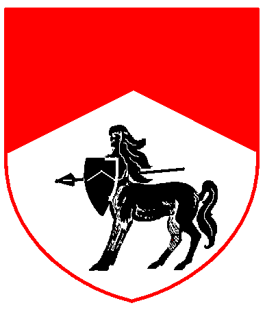 [Per chevron gules and argent, in base a female centaur passant maintaining a spear and shield sable]
