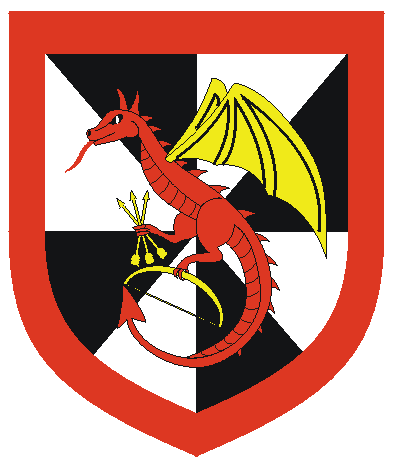 [Gyronny sable and argent, a wyvern passant gules winged Or maintaining a sheaf of arrows inverted and a bow Or, a bordure gules]