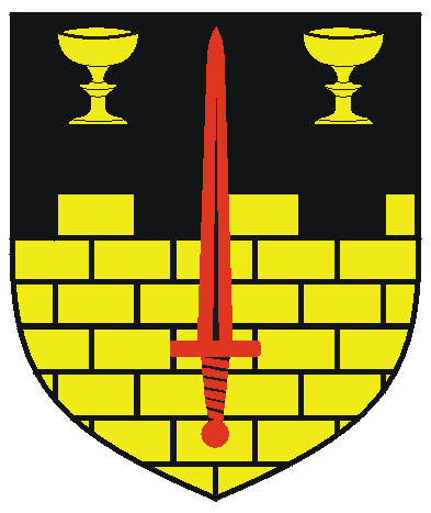 [Per fess embattled sable and Or masoned sable, a sword gules between in chief two goblets Or. ]