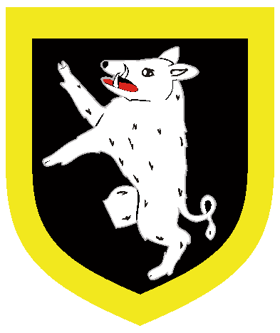 [Sable, a boar rampant dexter hind leg couped argent within a bordure Or]