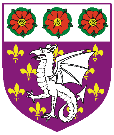 [Purpure semy-de-lys Or, a wyvern passant and on a chief argent three roses proper]