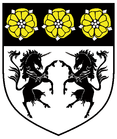 [Argent, two unicorns combattant, on a chief sable, three roses Or barbed and seeded argent	  	  	  	  ]