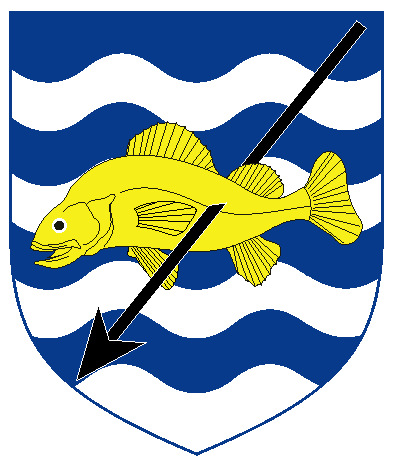 [Barry wavy of eight azure and argent, a perch haurient embowed Or pierced by a spear inverted bendwise sinister sable	  	  ]