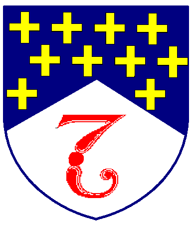 [Per chevron azure crusilly Or, and argent, in base a fleam gules]