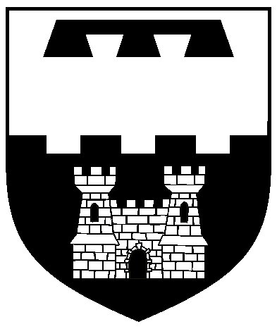 [Per fess embattled argent and sable, in chief a label couped sable and a two-towered castle argent]