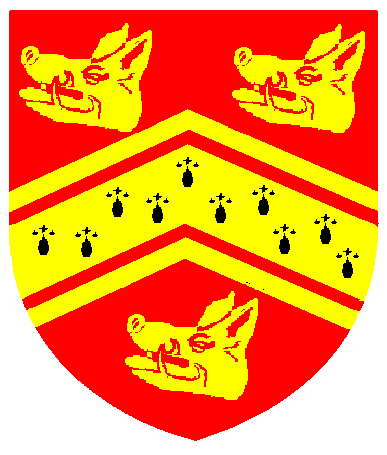 [Gules, a chevron erminois cotised between three boars heads couped Or]