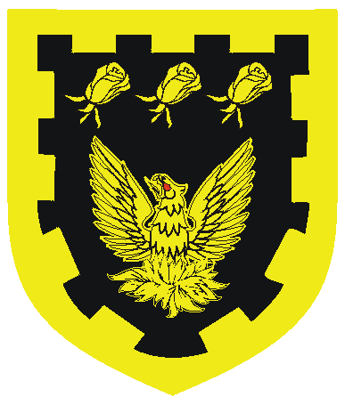 [Sable, a phoenix and in chief three garden roses, a bordure embattled Or]