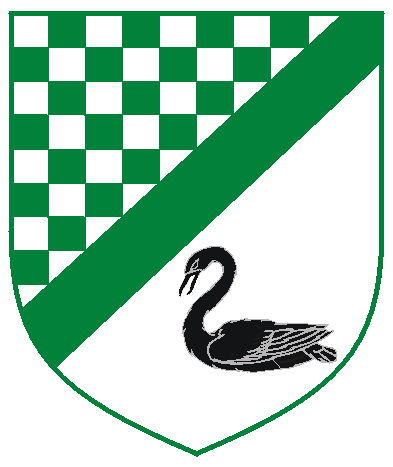 [Per bend sinister checky vert and argent, and argent, a bend sinister vert, in base a swan naiant sable]