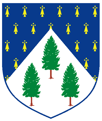 [Per chevron azure, ermined Or, and argent, in base three fir trees one and two proper	  ]
