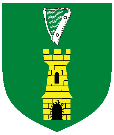 [Vert, a tower Or and in chief an Irish harp argent	  ]