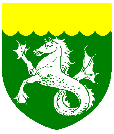 [Vert, a seahorse erect argent and a chief invected Or]