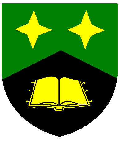 [Per chevron vert and sable, two mullets of four points and an open book Or]