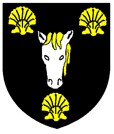 [Sable, a horse's head cabossed argent, crined, between three escallops inverted Or]