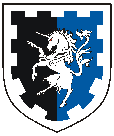 [Per pale sable and azure, a unicorn rampant and a bordure embattled argent]