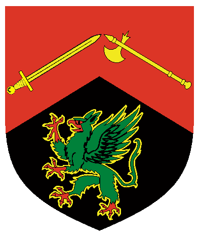 [Per chevron gules and sable, in dexter chief a sword bendwise sinister, in sinister chief a single-bitted axe bendwise, both Or, in base a griffin segreant vert orbed, langued and taloned gules, fimbriated Or]