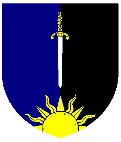 [Per pale azure and sable, a sword inverted proper and a demi-sun issuant from base Or]