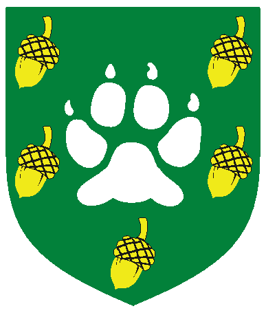 [Vert, a wolf's pawprint argent between five acorns two, two and one, Or.]