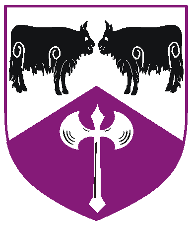 [Per chevron argent and purpure, two cows statant respectant sable and a battle axe argent]