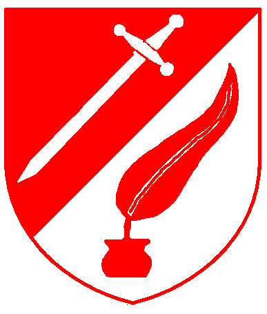 [Per bend sinister gules and argent, a sword inverted bendwise sinister and a quill pen issuant from an ink pot counterchanged]