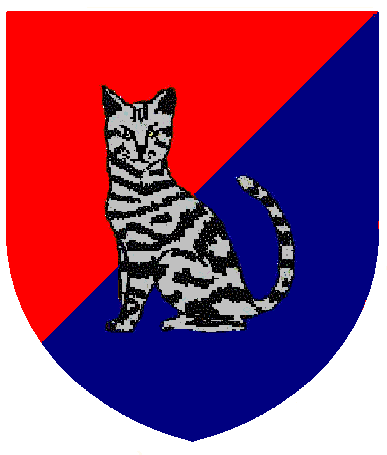 [Per bend sinister gules and azure, a striped silver tabby cat sejant guardant proper]