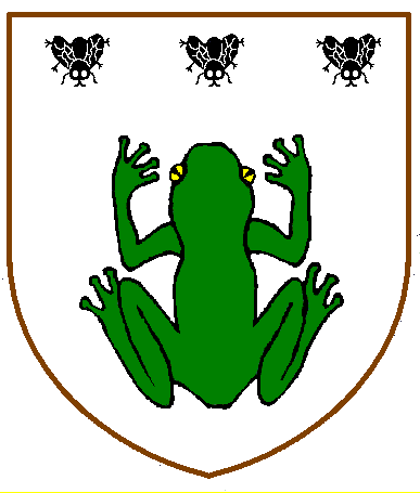 [Argent, a frog vert and in chief three flies inverted sable]