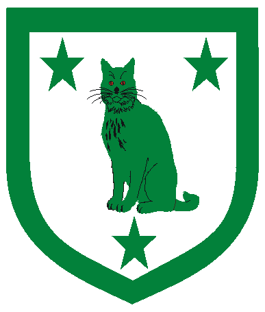 [Argent, a domestic cat sejant guardant between three mullets, a bordure vert]