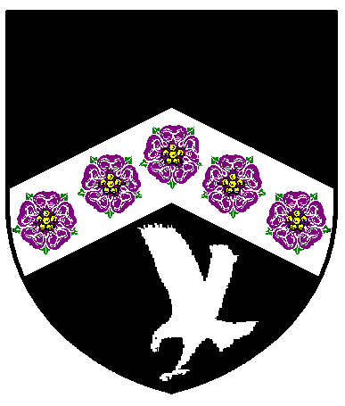 [Sable, on a chevron argent five roses purpure barbed and seeded proper in base a falcon striking argent]