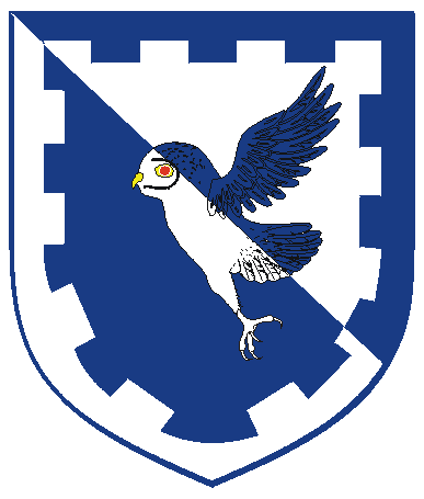 [Per bend argent and azure, an owl rising, head to dexter, wings elevated and addorsed, a bordure embattled counterchanged]