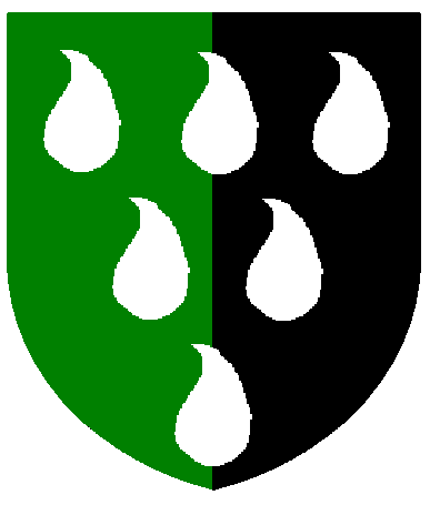 [Per pale vert and sable, six gouttes three two and one argent]