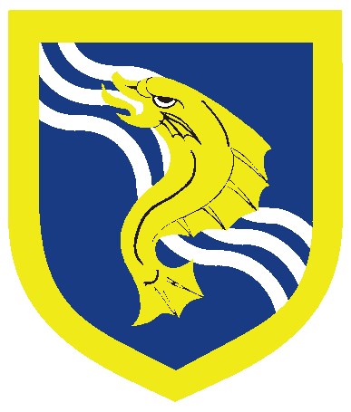 [Azure, three bendlets wavy argent, overall a dolphin haurient within a bordure Or]