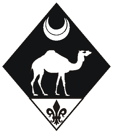 [Sable, a camel statant to sinister and in chief a crescent and on a base argent a fleur-de-lys sable]