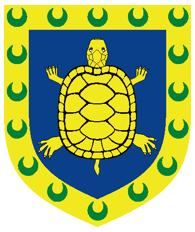 [Azure, a turtle Or and a bordure Or semy of crescents vert]